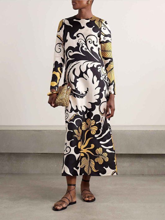 Unique Abstract Botanical Print Midi Dress