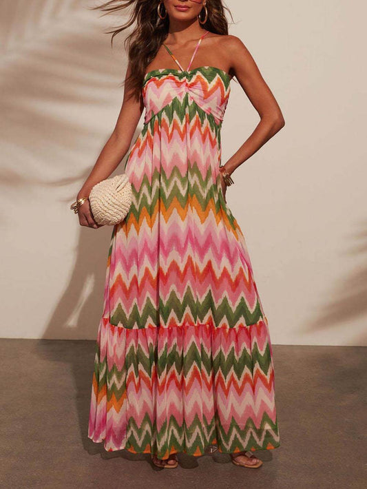 Unique Wave Print Suspender Maxi Dress