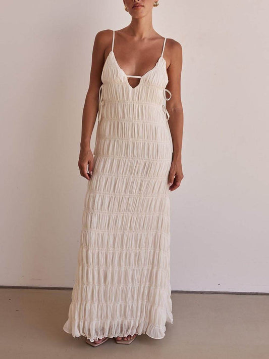 Elegant Pleated Lace-Up Adjustable Straps Loose Maxi Dress