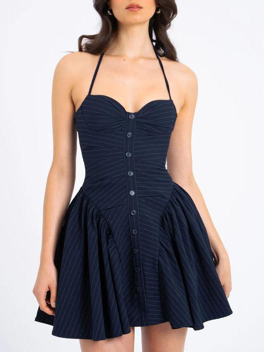 Pinstripe Halter Neck Low Waist Mini Dress