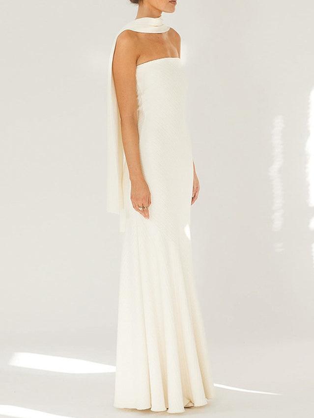 Strapless One Shoulder Fishtail Maxi Dress