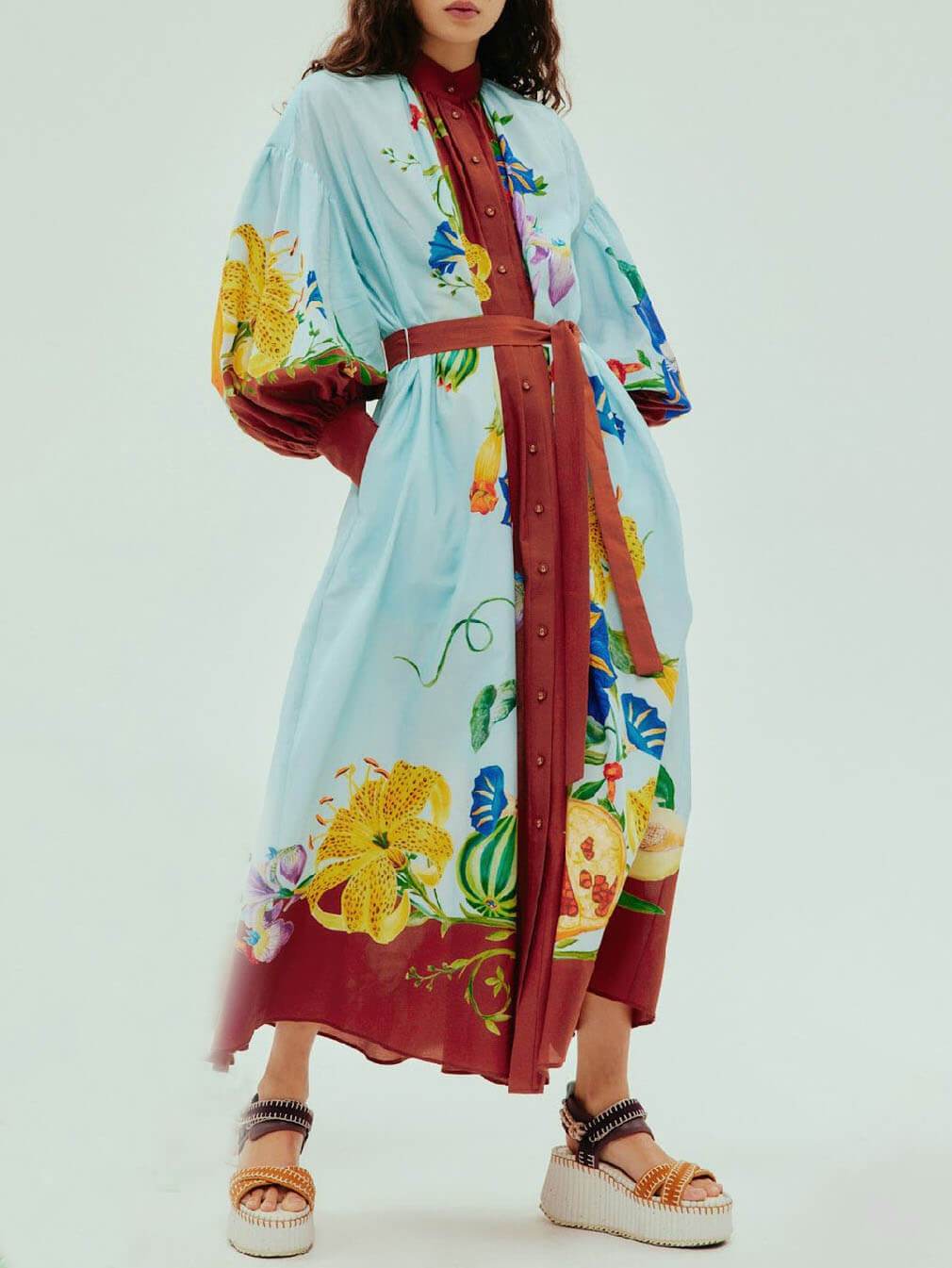 Sunny Floral Print Single-breasted Tie Midi Dress