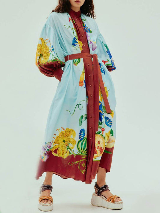 Sunny Floral Print Single-breasted Tie Midi Dress