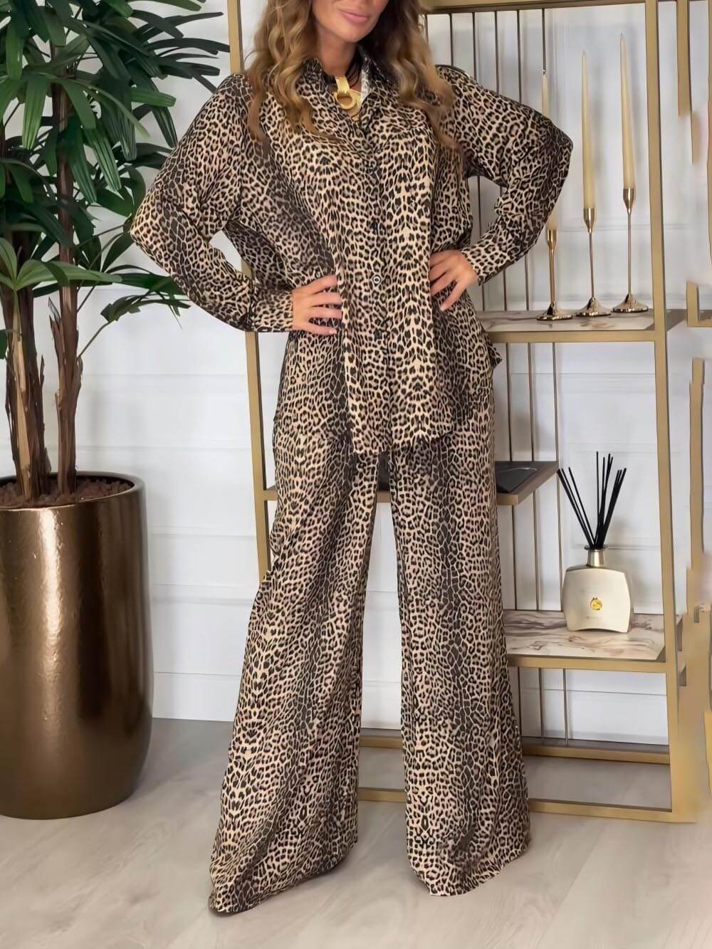 Unique Leopard Print Loose Pocket Wide-Leg Pants