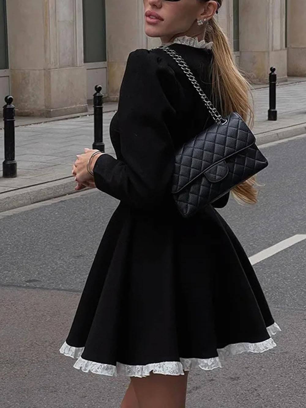 Elegant Lace Panel High Waist Long Sleeve Mini Dress