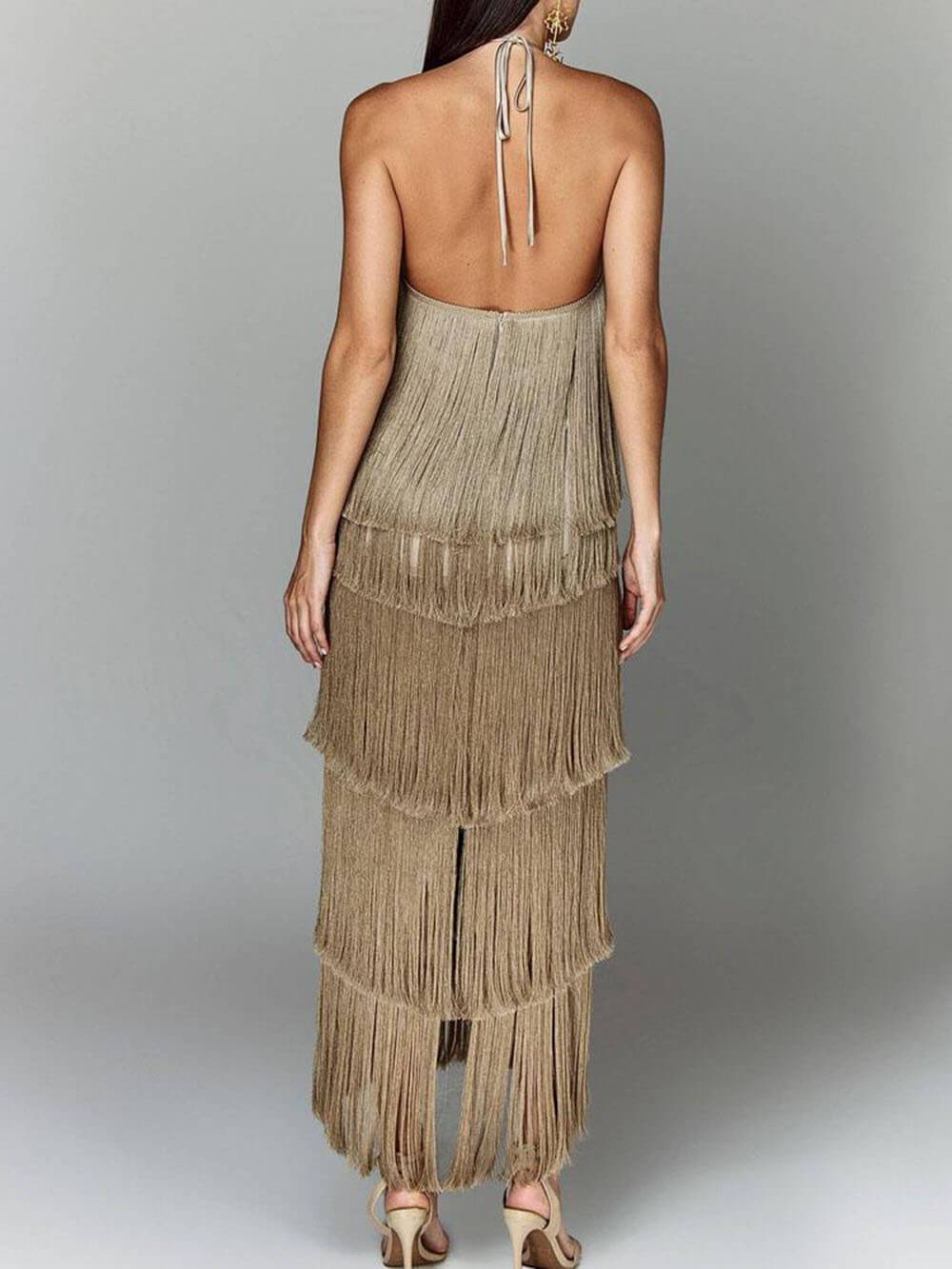 Halter Neck Tassel Backless Slit Party Dress