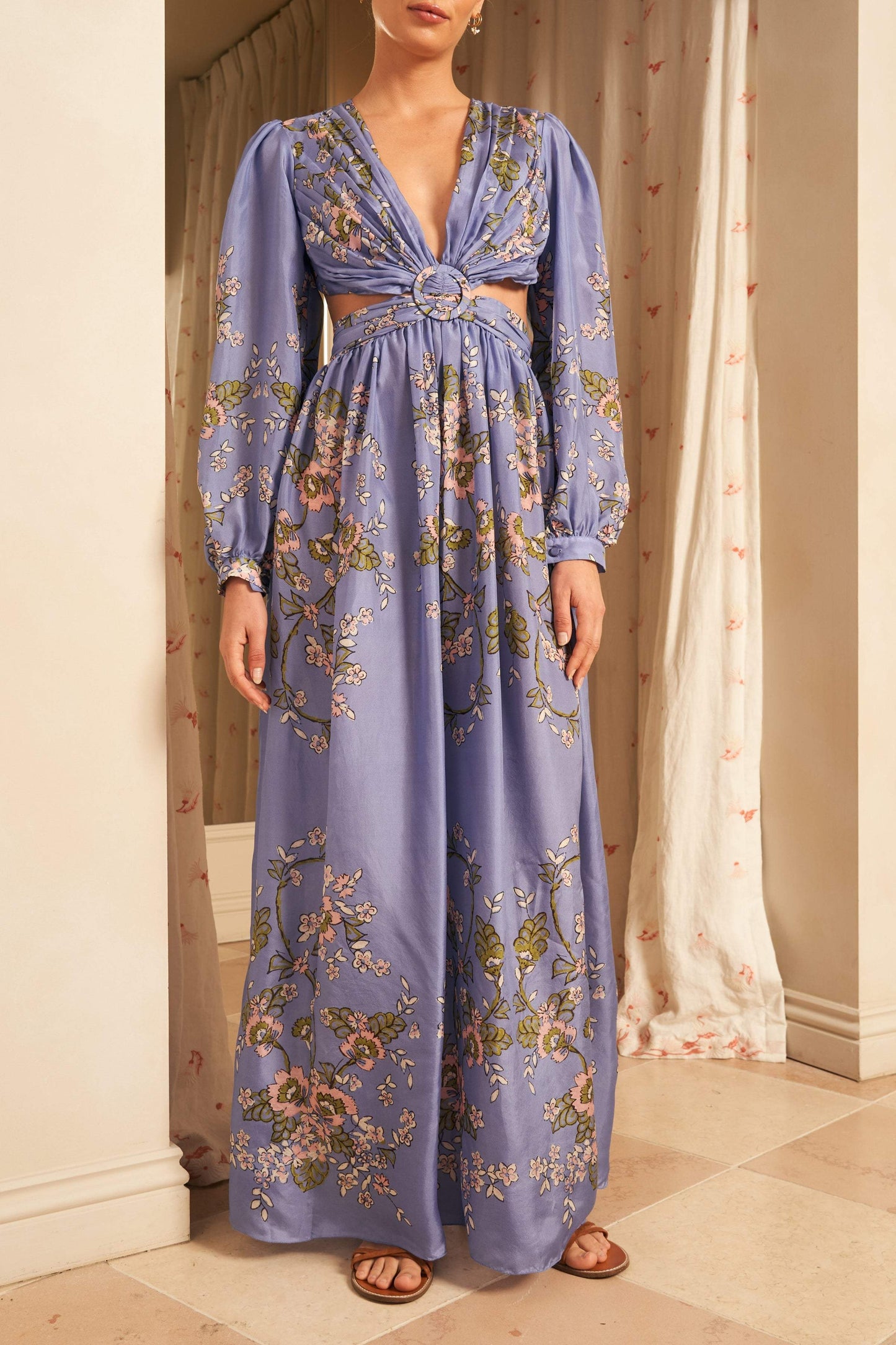 Exquisite Floral Print Hollow Maxi Dress