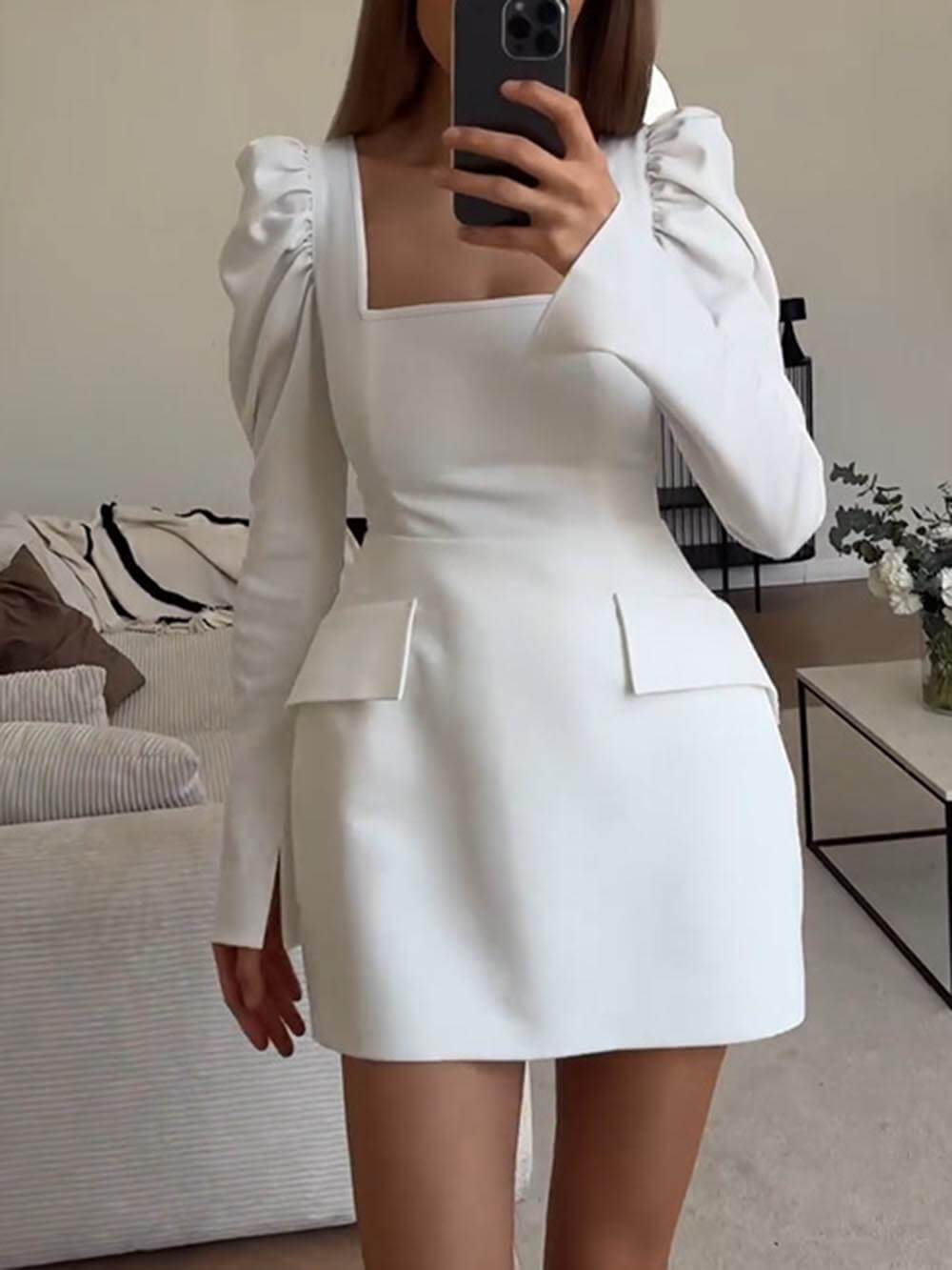 Elegant And Slim Fit Pleated Leg-Of-Mutton Sleeves Square Neck Mini Dress