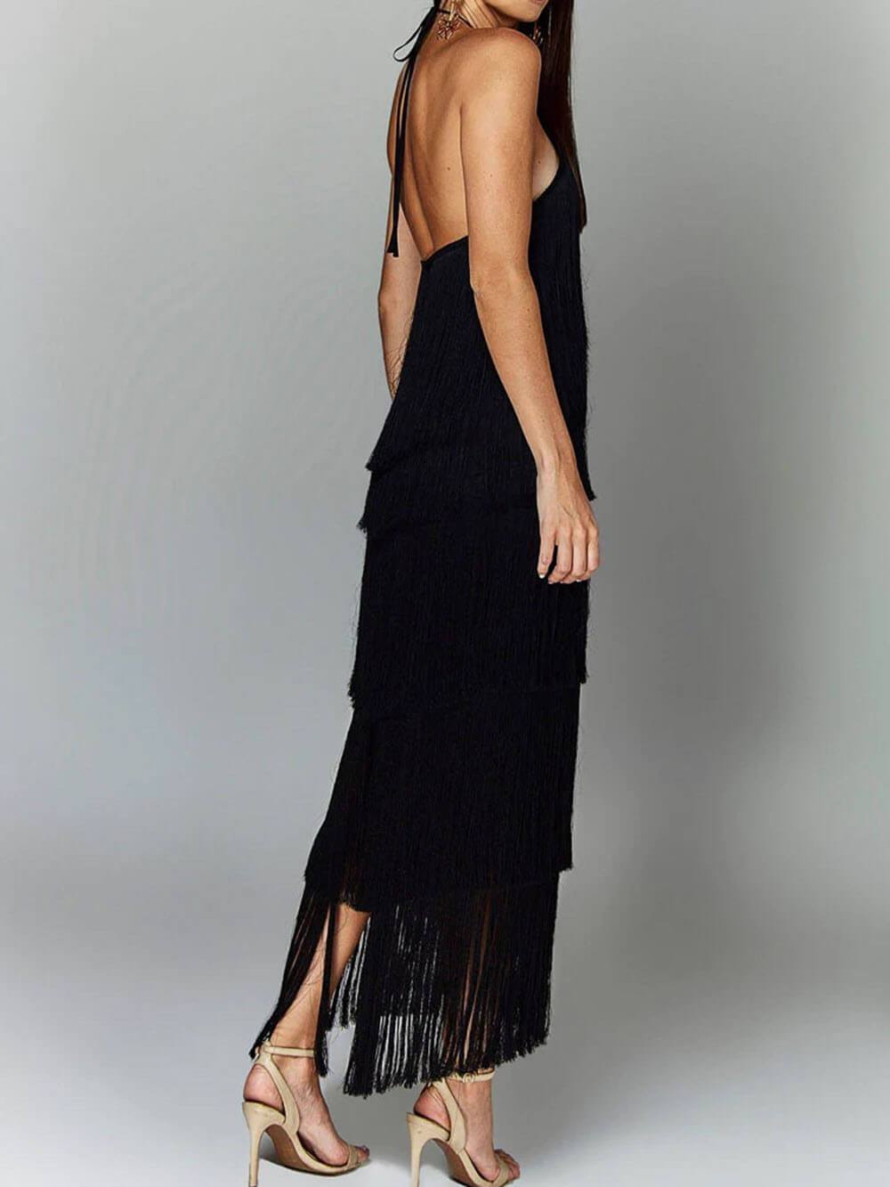 Halter Neck Tassel Backless Slit Party Dress