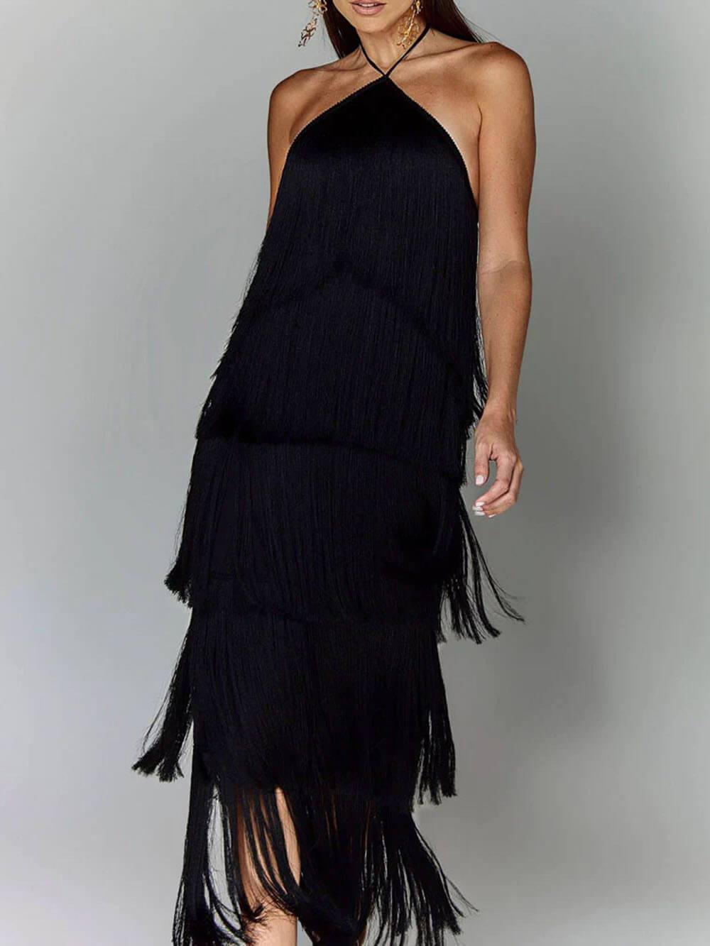 Halter Neck Tassel Backless Slit Party Dress