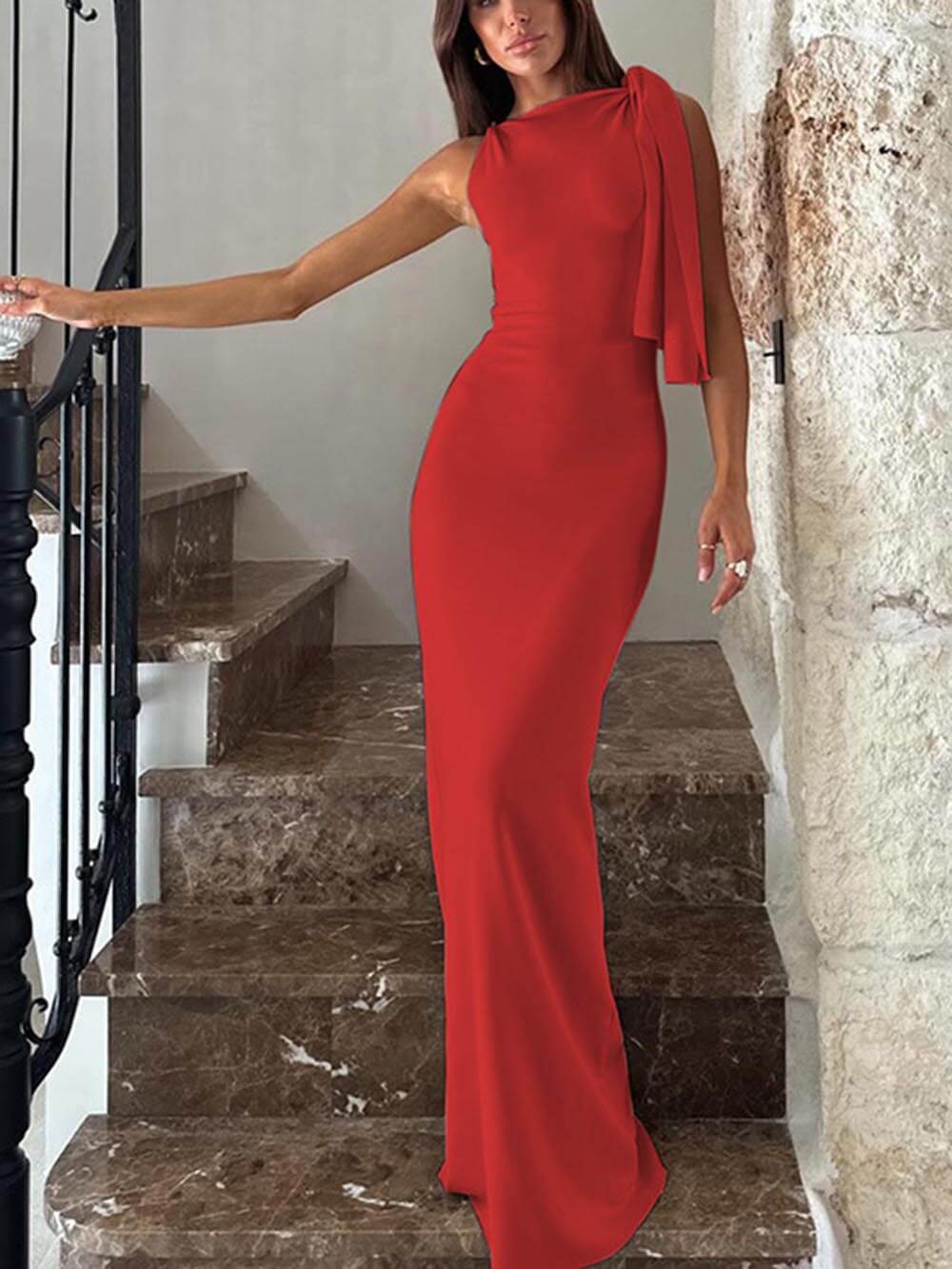 One Shoulder Ribbon Party Maxi Dress