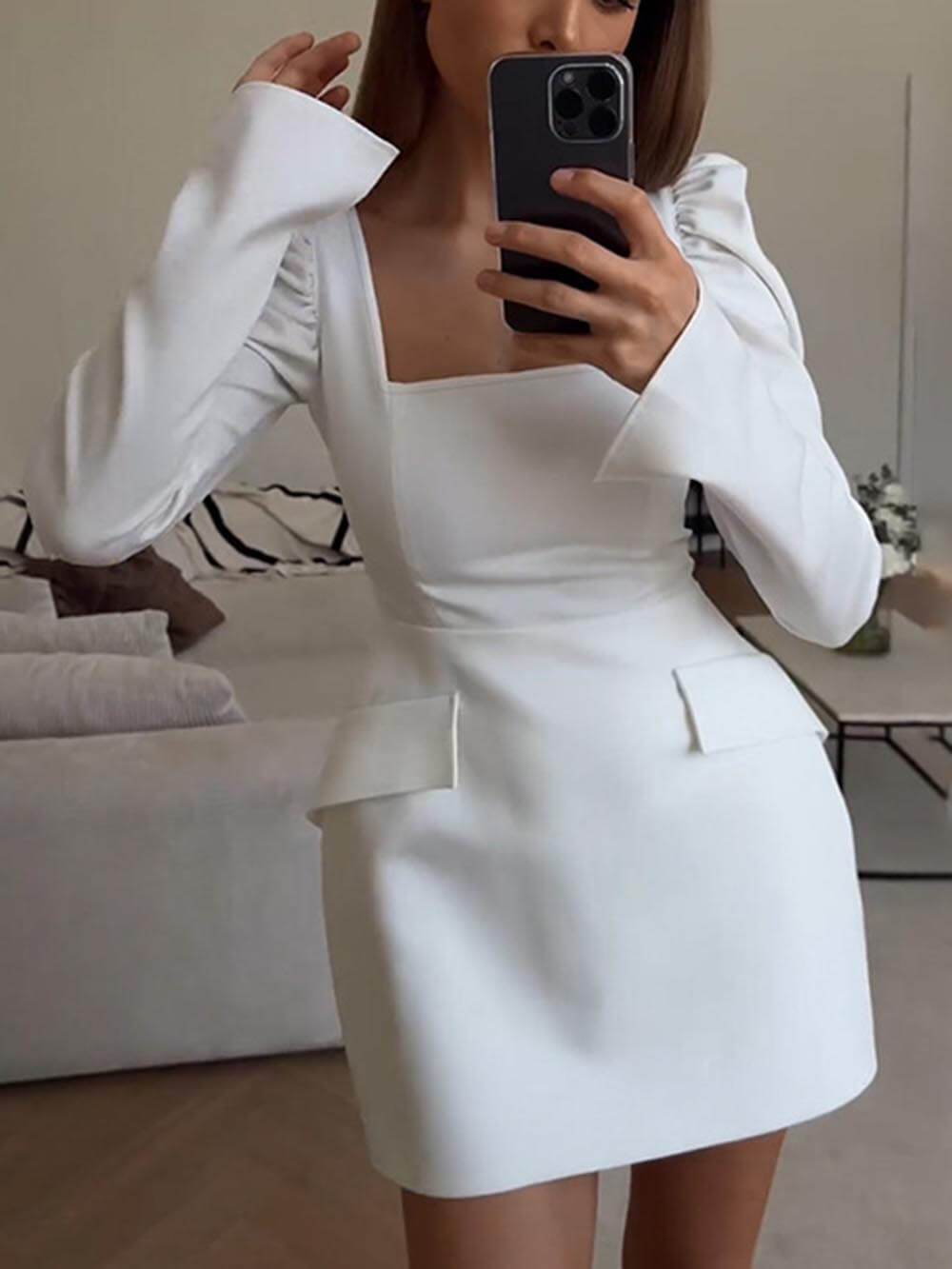 Elegant And Slim Fit Pleated Leg-Of-Mutton Sleeves Square Neck Mini Dress