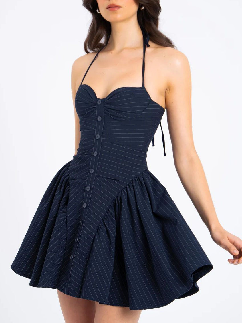 Pinstripe Halter Neck Low Waist Mini Dress