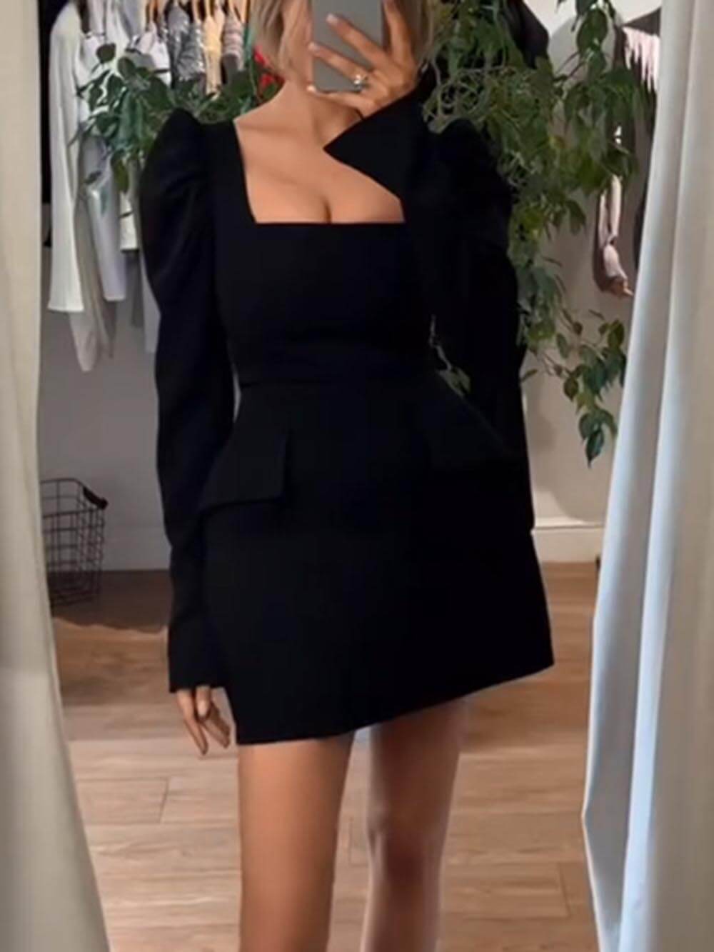 Elegant And Slim Fit Pleated Leg-Of-Mutton Sleeves Square Neck Mini Dress
