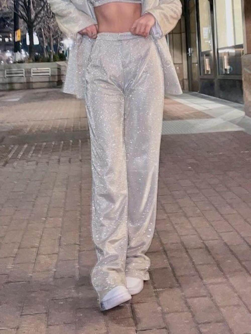 Classic Sequined Loose Flared Suit Straight Pants