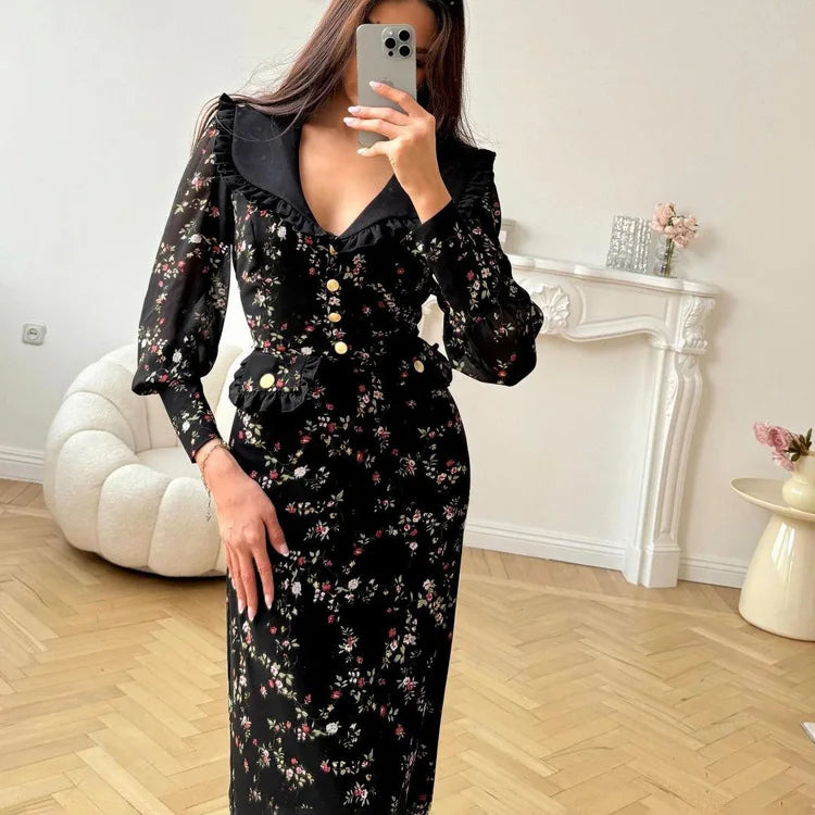 Retro Print Ruffled Lapel Dress | Long Sleeve Slim A-Line Party Gown