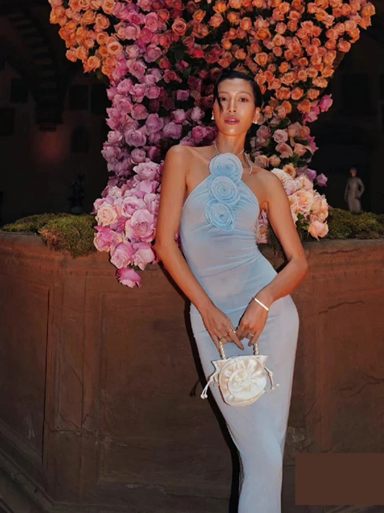 Light Blue Halter 3D Flower Dress |Bodycon Evening Gown