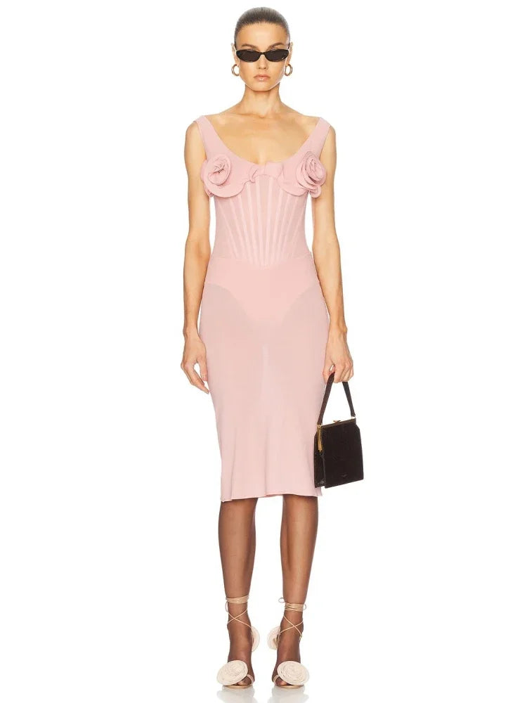 Pink Sling Patchwork Flower Dress | Sleeveless Midi Gown