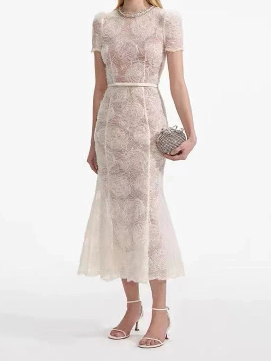 Lace Mini Dress | Round Neck Belted A-Line Dress