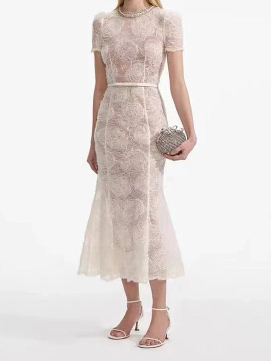 Lace Mini Dress | Round Neck Belted A-Line Dress