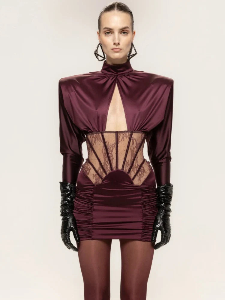 Burgundy Mesh Corset Mini Dress | Lace Detail Runway Look