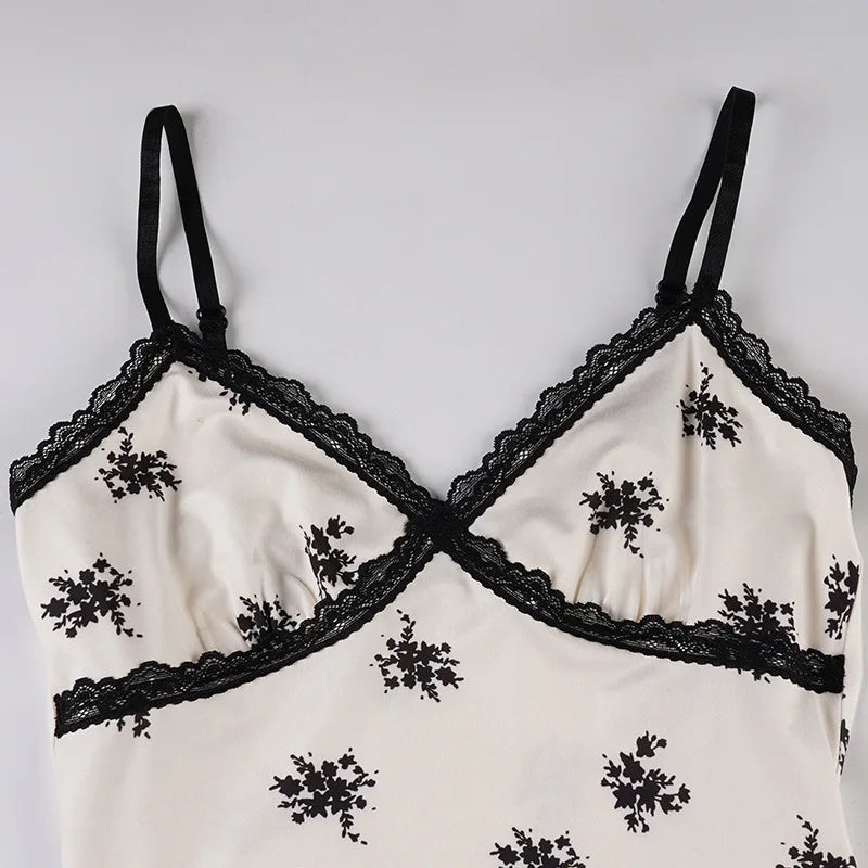 Summer Lace Print A-Line Dress | Sleeveless V-Neck Camisole