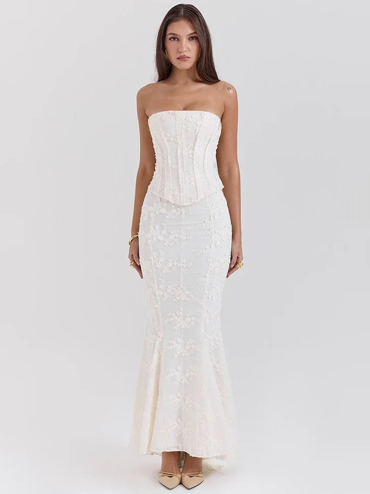 Strapless White Crop Top & Maxi Skirt Set