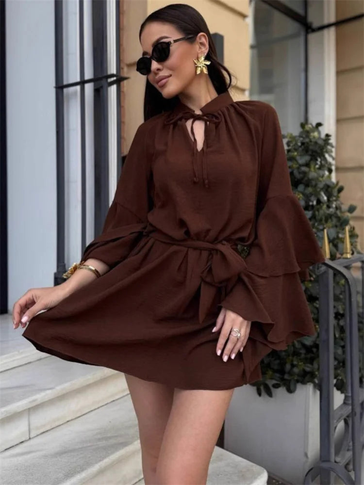 Brown Ruffle Mini Dress | Lace-Up V-Neck City Chic Silhouette