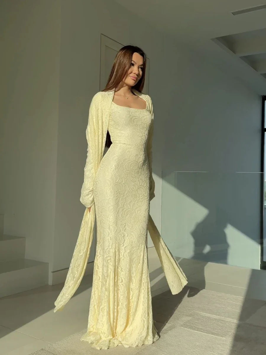 Yellow Jacquard Wrap Maxi Dress | Long Sleeve Autumn Occasion Gown