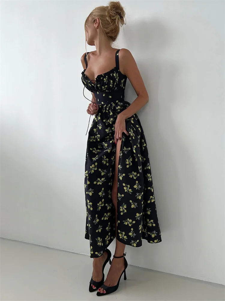 Black Floral V-Neck Maxi Dress with Slit