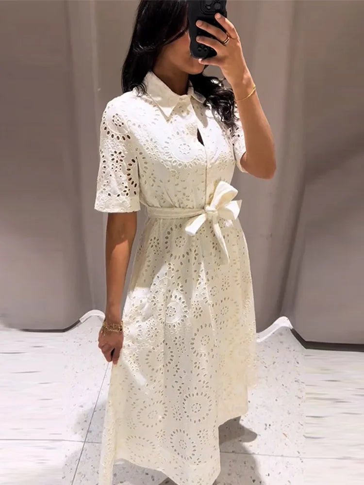 Elegant White Embroidered Belted Maxi Dress