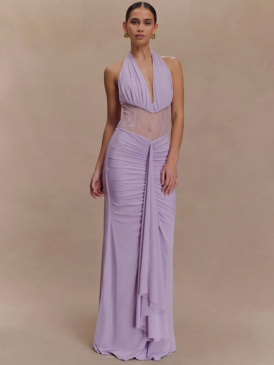 Lavender halter mesh maxi dress with ruched detailing for evening wear