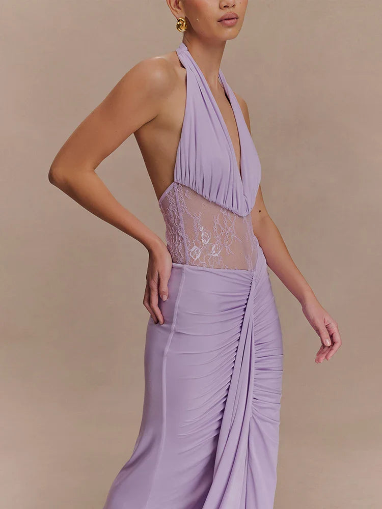 Lavender Halter Mesh Maxi Dress | Elegant Evening Gown