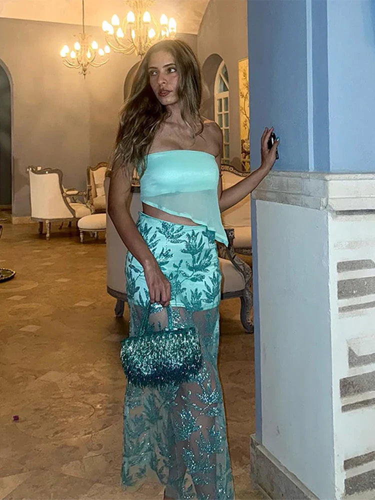 Strapless Sequin Skirt Set | Leaf Mesh Party Co-Ord