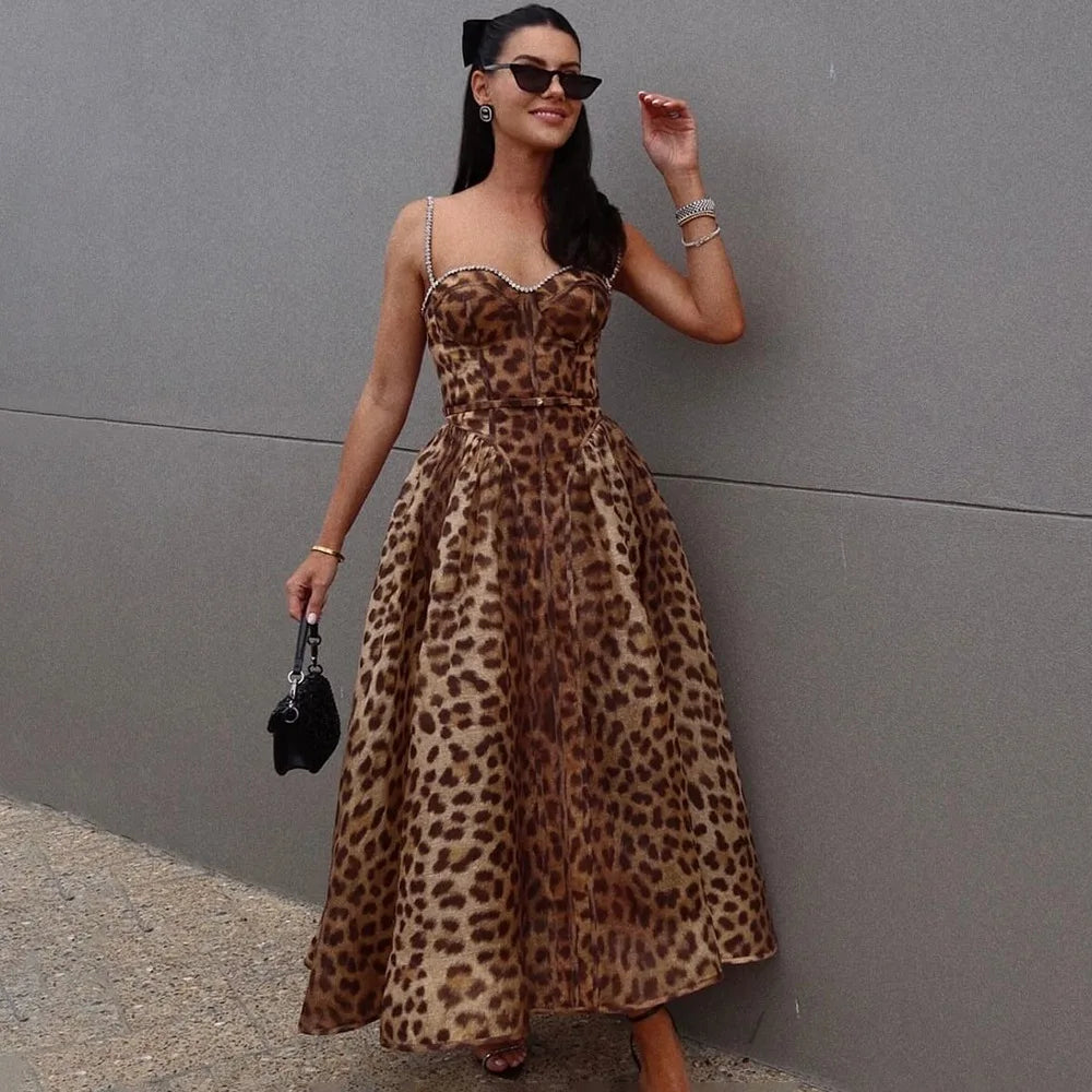 Leopard Crystal Embellished Midi Dress | Summer Vintage Glam