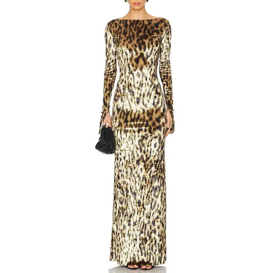 Leopard Print Slim Maxi Dress | Retro-Chic A-Line Statement