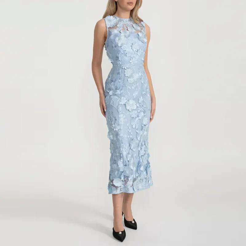 Light Blue Lace Appliqué Midi Dress | Sleeveless Elegant Floral Mesh Gown