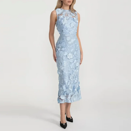 Light Blue Lace Appliqué Midi Dress | Sleeveless Elegant Floral Mesh Gown