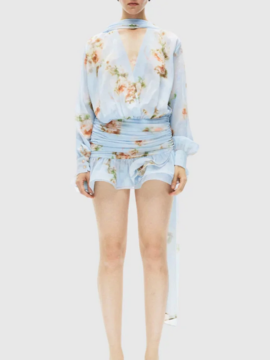 Light Blue Floral Ruffle Dress | Casual Sleeve Mini