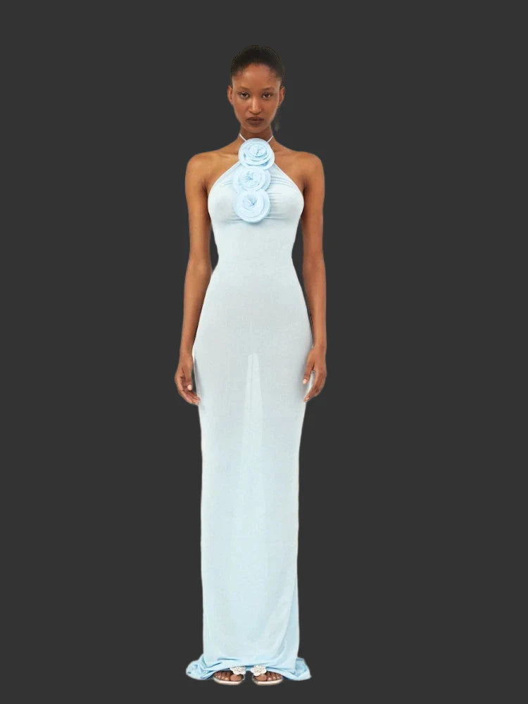 Light Blue Halter 3D Flower Dress |Bodycon Evening Gown
