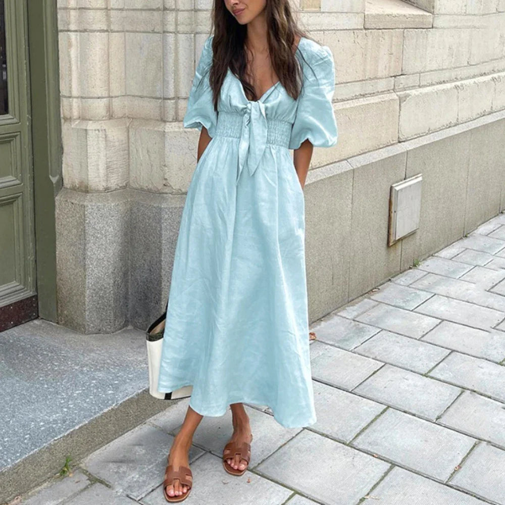 Light Blue A-Line Linen Dress | Lace-Up V-Neck Autumn Midi