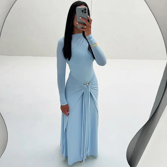 Light Blue Ruched Slit Dress | High Stretch Pencil Maxi