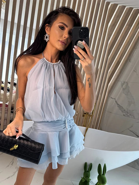 Ruffled Chiffon Mini Dress | Halter Neck Summer Party Look