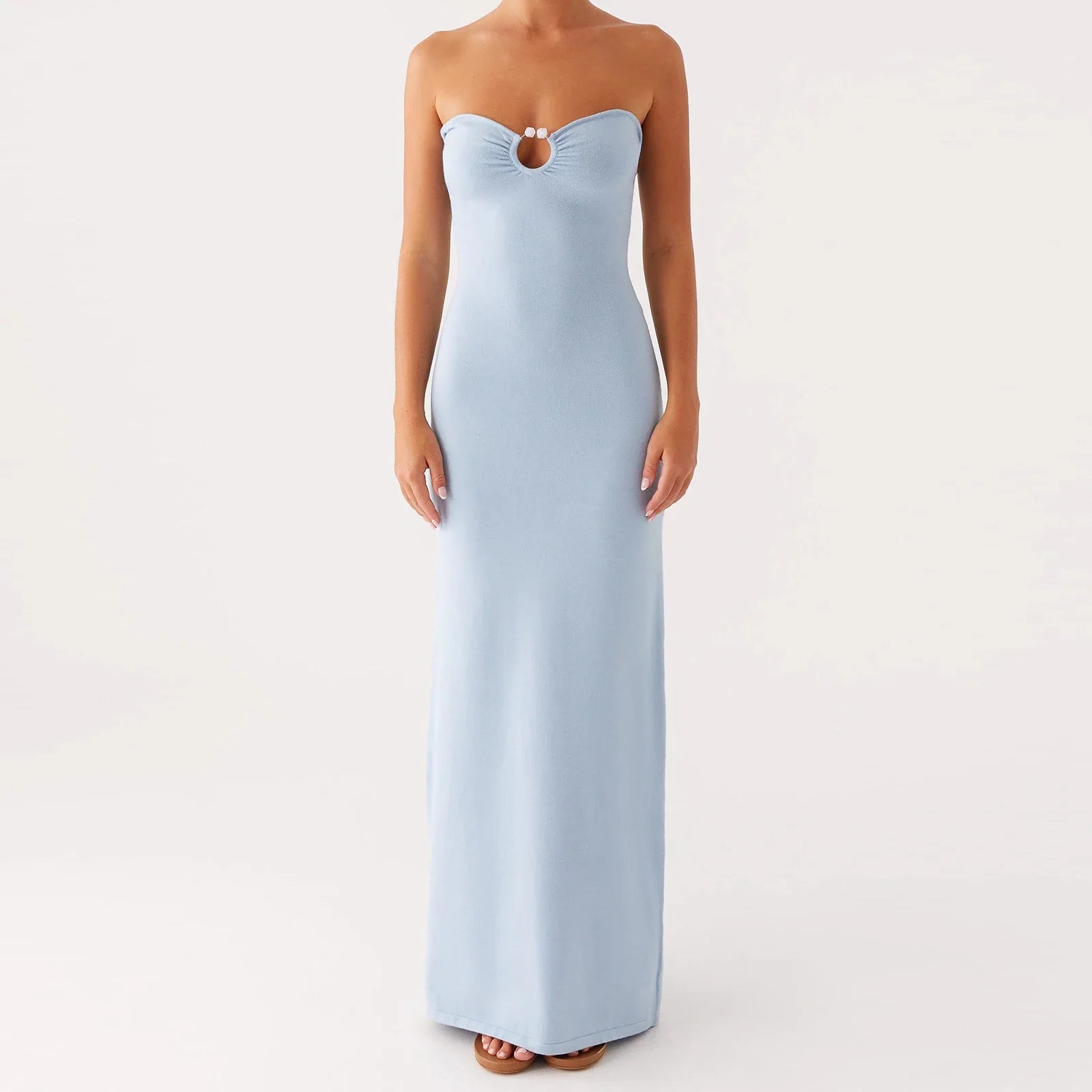 Light blue strapless ring gown styled for a modern event