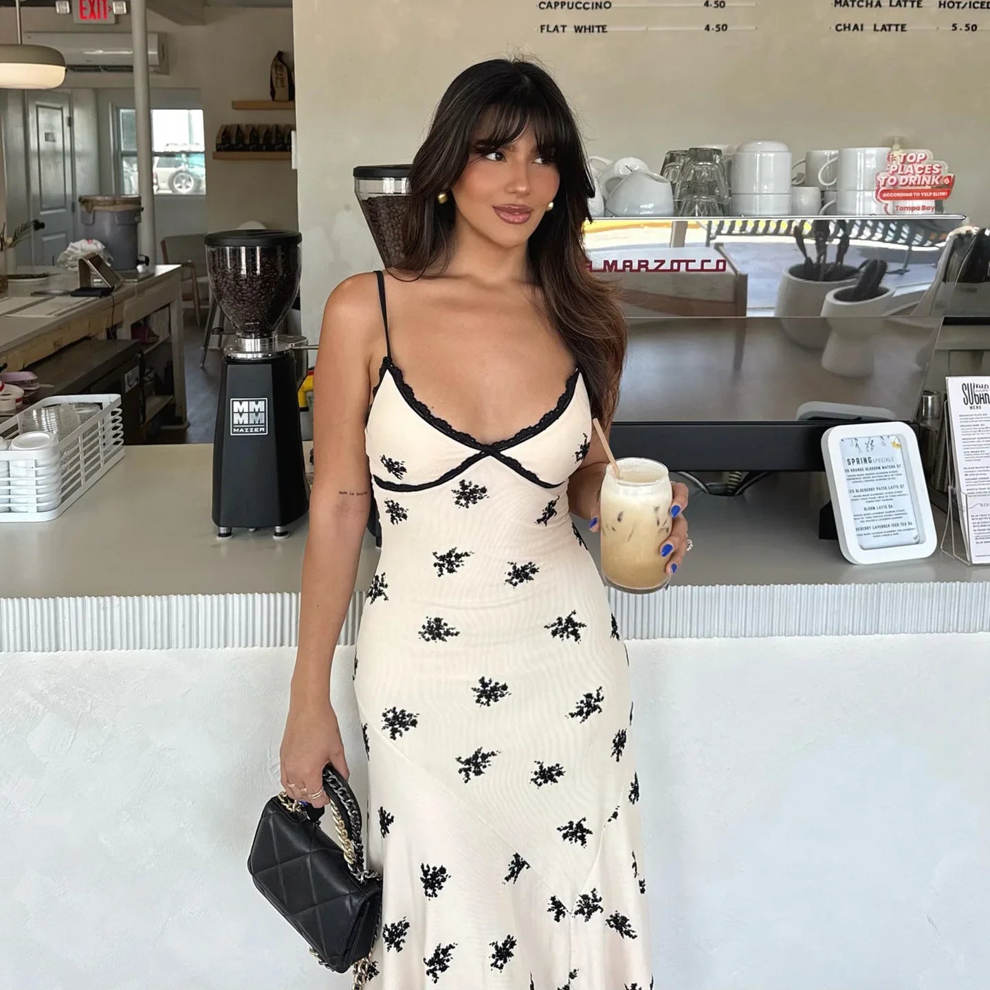 Summer Lace Print A-Line Dress | Sleeveless V-Neck Camisole