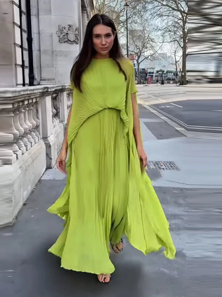 Chic Lime Green Pleated Maxi Dress – Backless