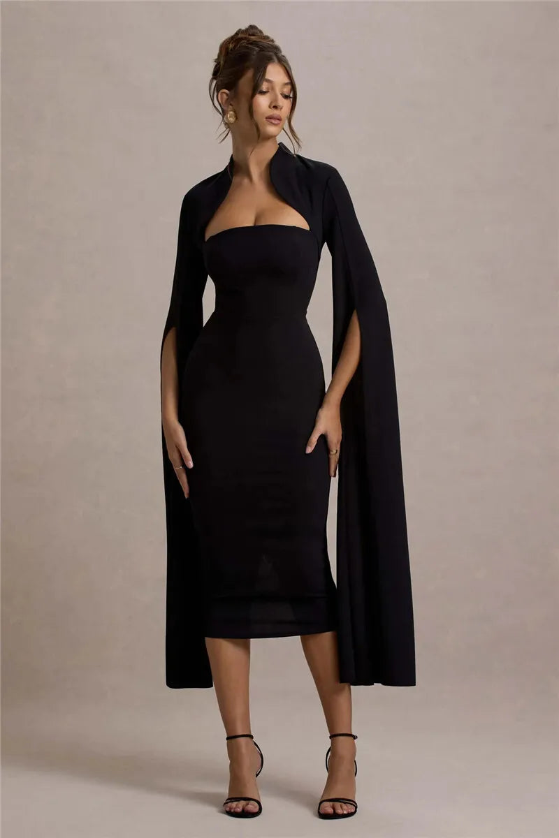 Black Midi Dress with Long Cape Sleeves