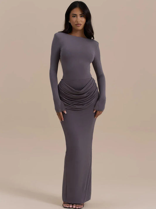 Long ruched grey gown for formal events and parties