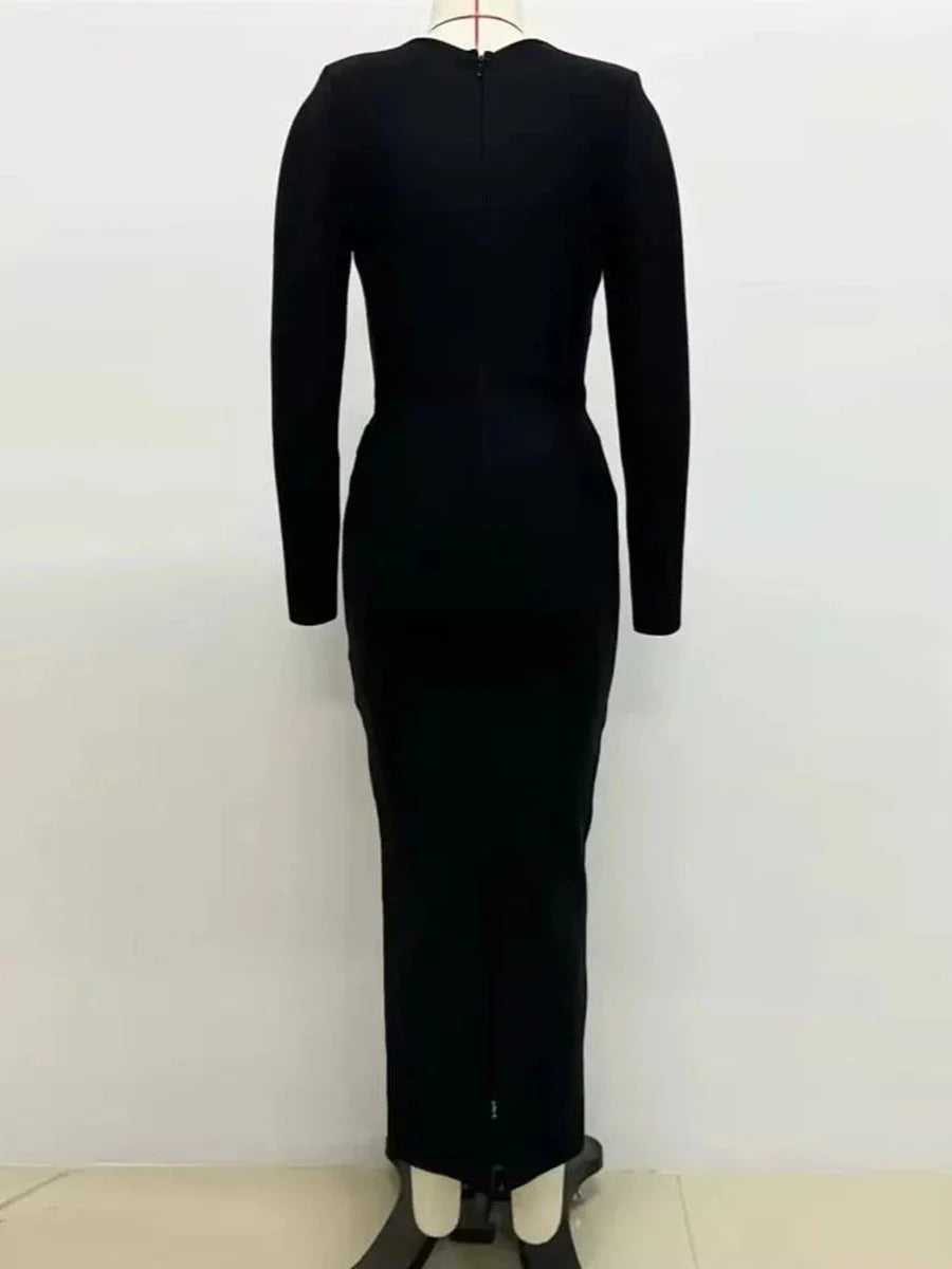 Black Square-Neck Diamond Patchwork Long-Sleeve Midi Dress