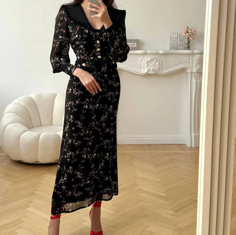 Retro Print Ruffled Lapel Dress | Long Sleeve Slim A-Line Party Gown